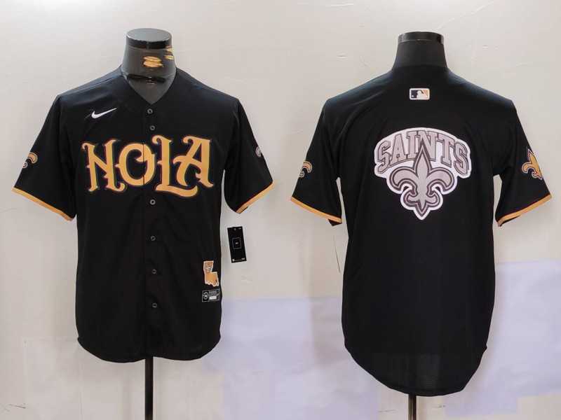 Men%27s New Orleans Saints Team Big Logo Black Cool Base Stitched Baseball Jersey